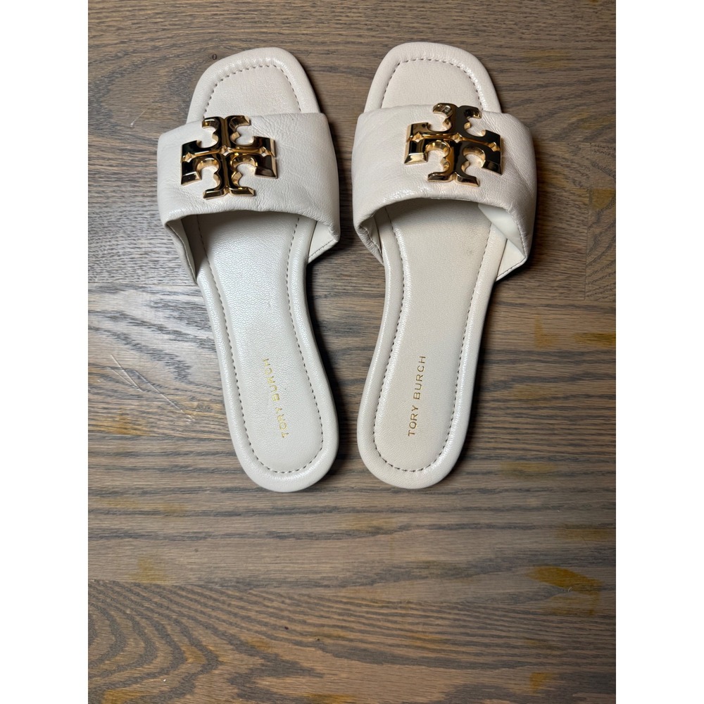 Tory Burch Eleanor Slide Sandals New Ivory Leather Gold Logo Flat 5M